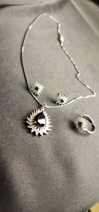 Black stone Inside Silver Zircon Outside Pendant Set with 2 Earrings