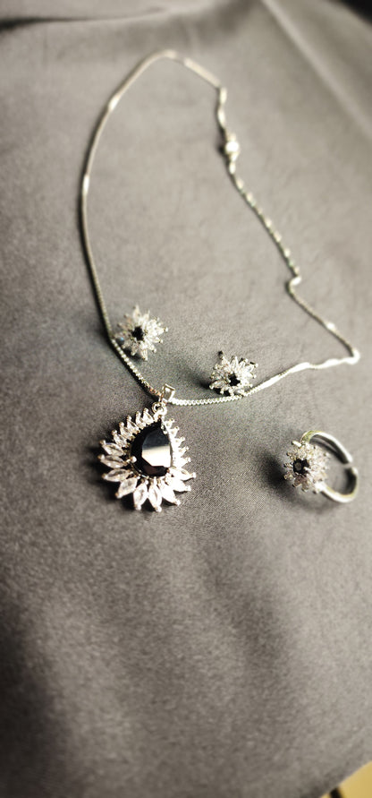 Black stone Inside Silver Zircon Outside Pendant Set with 2 Earrings