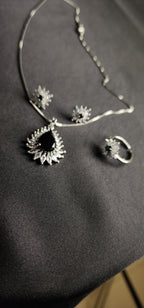Black stone Inside Silver Zircon Outside Pendant Set with 2 Earrings