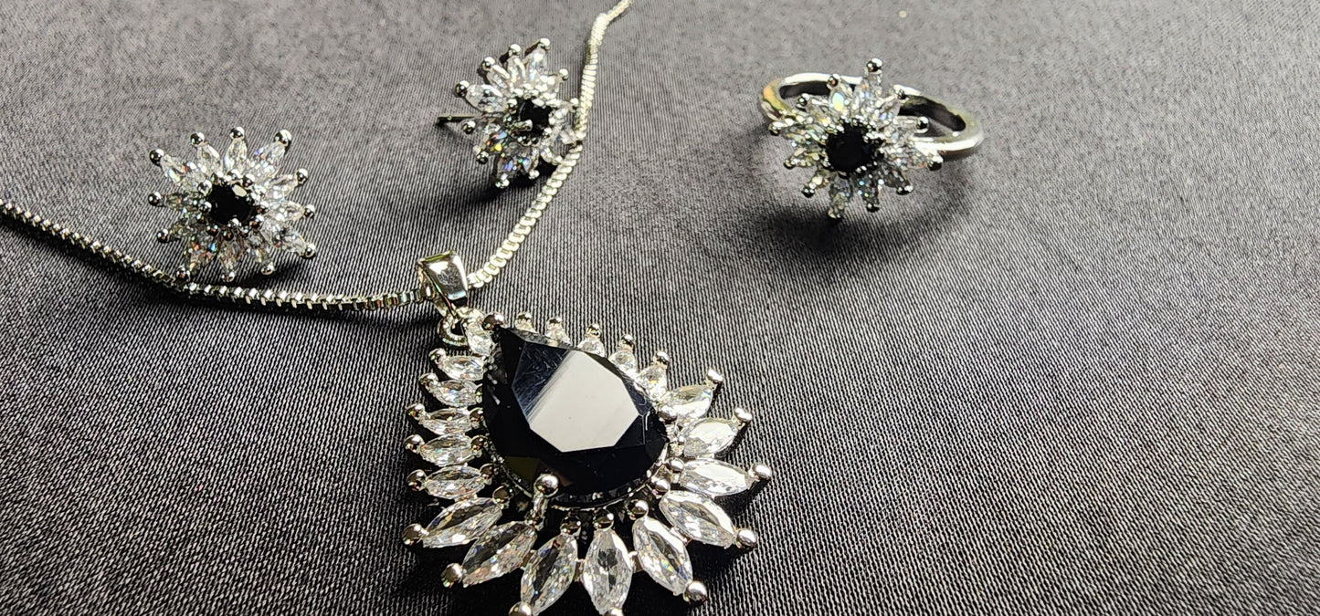 Black stone Inside Silver Zircon Outside Pendant Set with 2 Earrings
