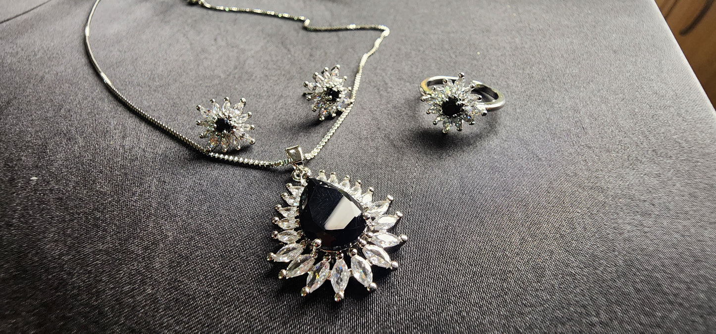 Black stone Inside Silver Zircon Outside Pendant Set with 2 Earrings