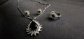 Black stone Inside Silver Zircon Outside Pendant Set with 2 Earrings