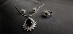 Black stone Inside Silver Zircon Outside Pendant Set with 2 Earrings