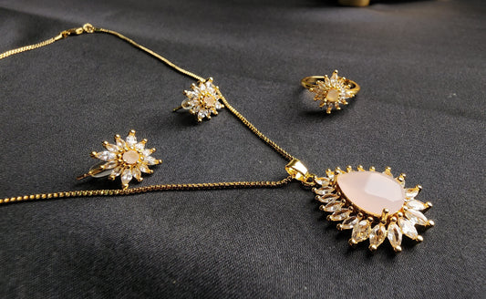 Pink Stone Big & Side Champagne Stone Outside 3-Piece Pendant Set