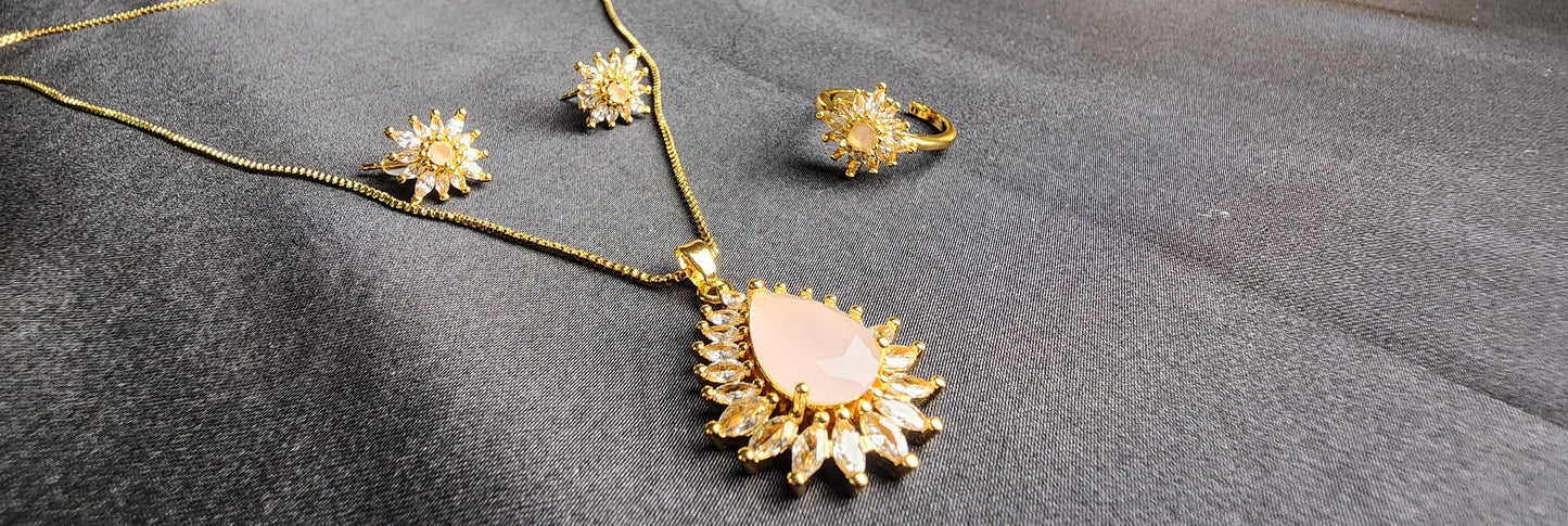 Pink Stone Big & Side Champagne Stone Outside 3-Piece Pendant Set