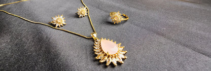 Pink Stone Big & Side Champagne Stone Outside 3-Piece Pendant Set