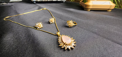 Pink Stone Big & Side Champagne Stone Outside 3-Piece Pendant Set