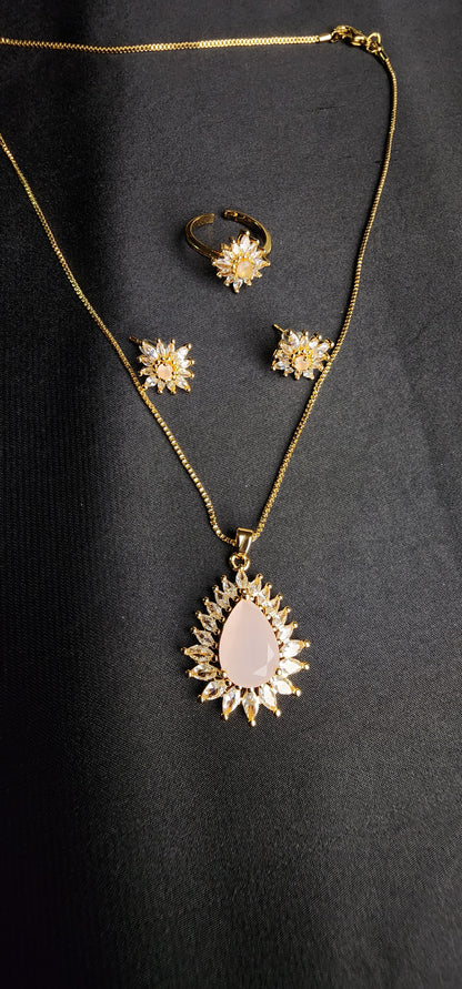 Pink Stone Big & Side Champagne Stone Outside 3-Piece Pendant Set