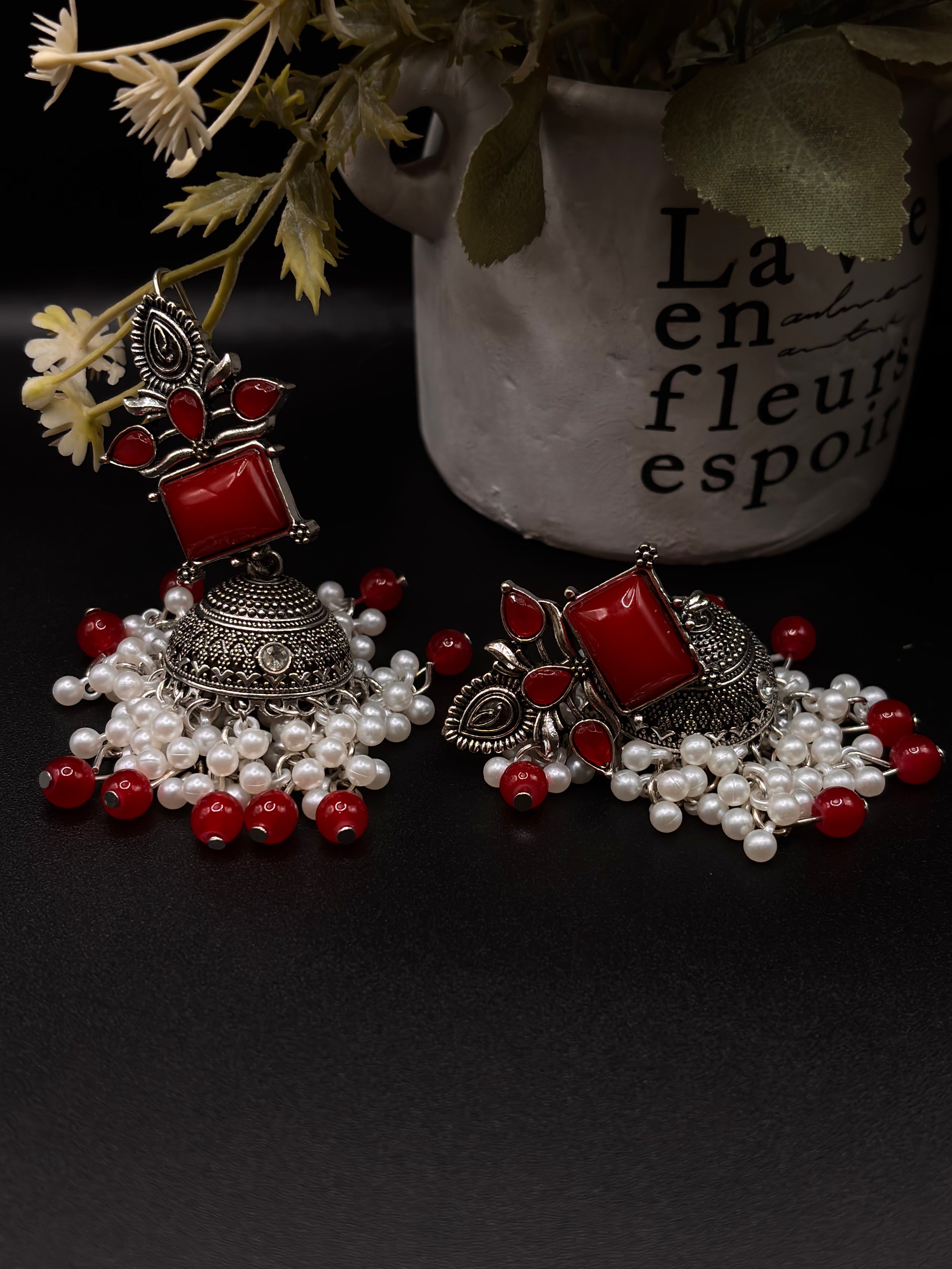 OXIDIZED JHUMKA ELEGANT RED AND GREEN COLORS