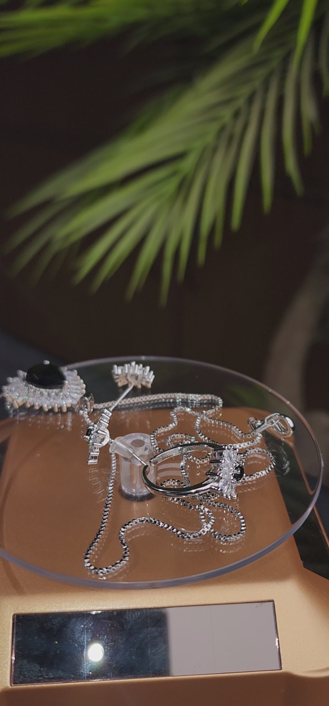 Black stone Inside Silver Zircon Outside Pendant Set with 2 Earrings