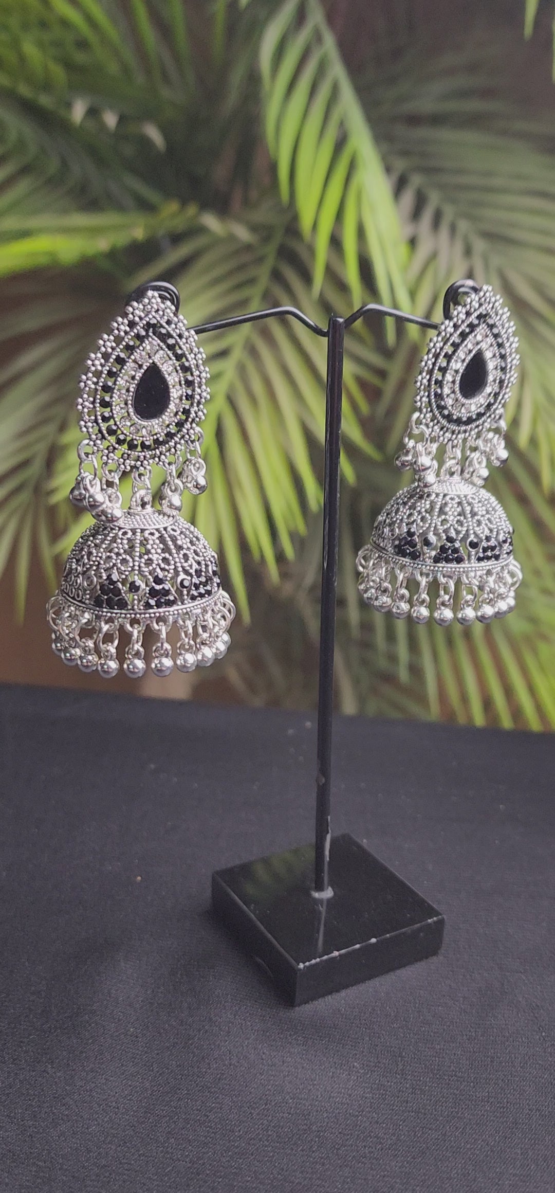 Center Black Stone Inside Outside Silver Earrings