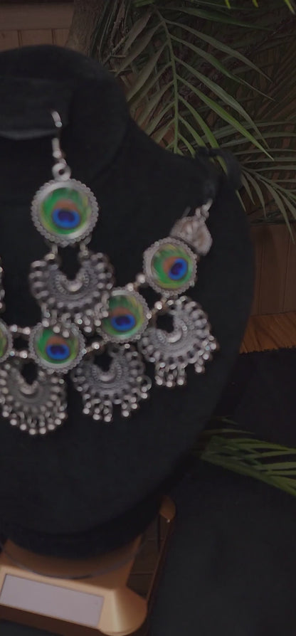 Oxidized Statement Lotus Choker Necklace Set with Earrings