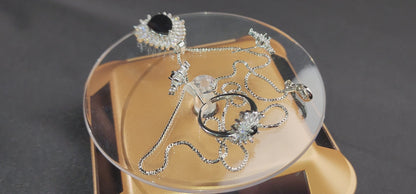 Black stone Inside Silver Zircon Outside Pendant Set with 2 Earrings