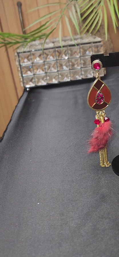 RED ZIRCON WITH LONG CHAIN EARRINGS